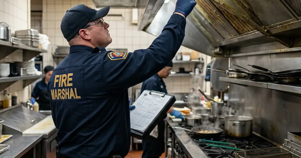 Fire marshal inspecting a commercial kitchen hood with grease buildup | FindHoodCleaner.com