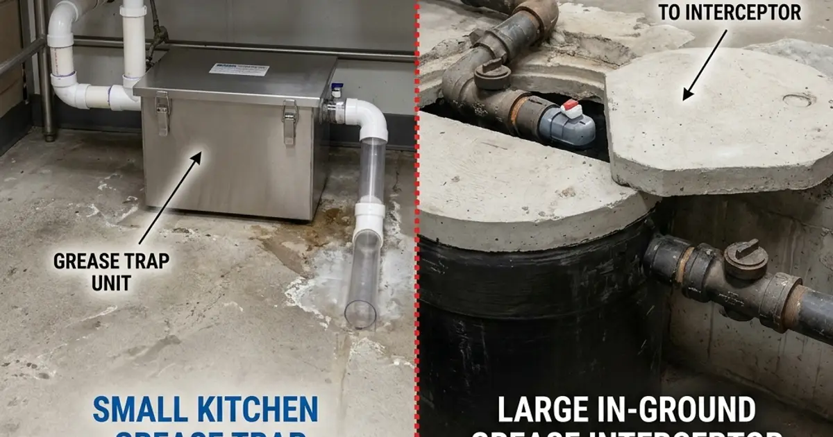 Grease trap and grease interceptor side by side under commercial kitchen | FindHoodCleaner.com