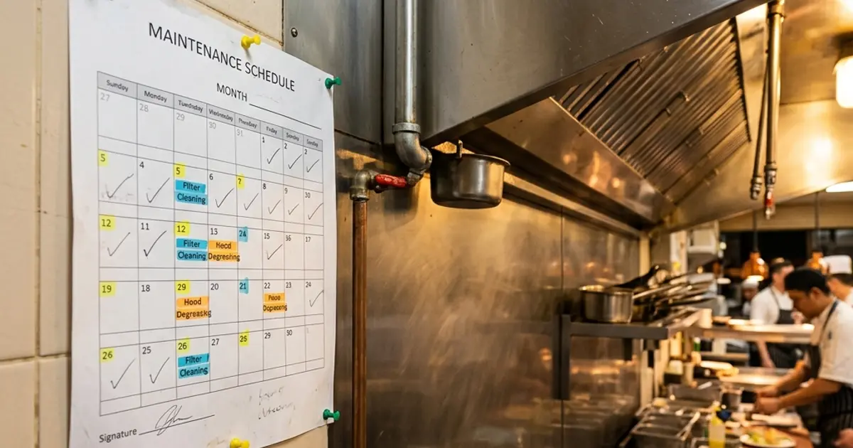Commercial kitchen maintenance schedule next to a clean exhaust hood | FindHoodCleaner.com