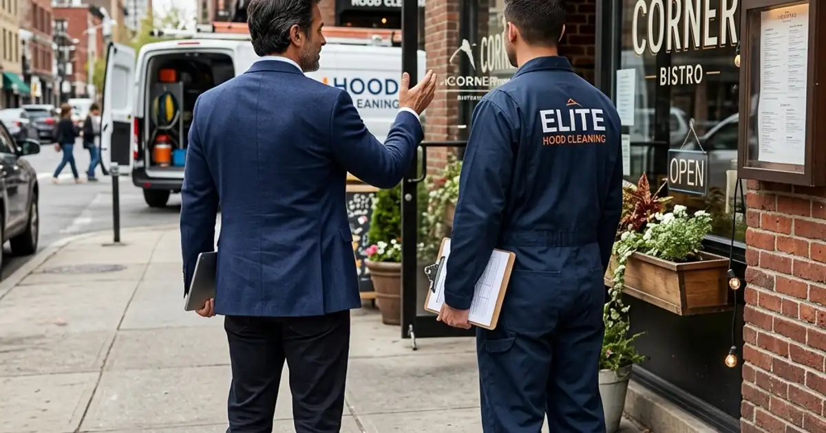 Restaurant owner meeting with hood cleaning professional | FindHoodCleaner.com