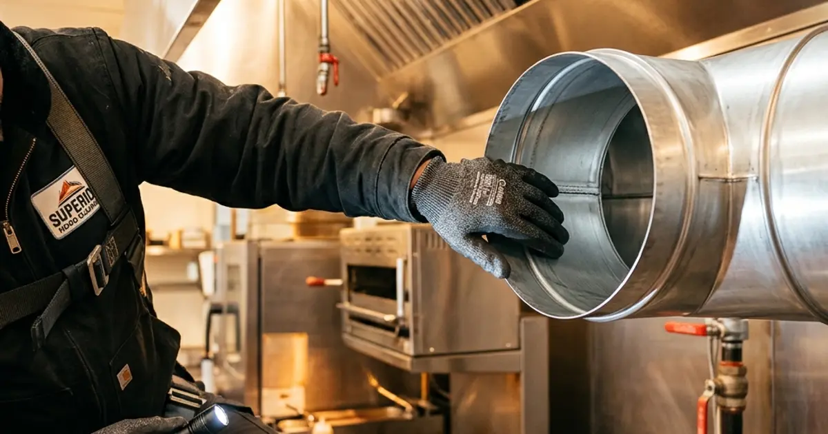 Certified technician inspecting commercial kitchen exhaust system | FindHoodCleaner.com