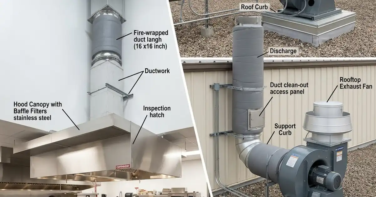 Complete commercial kitchen exhaust system with hood ductwork and rooftop fan | FindHoodCleaner.com