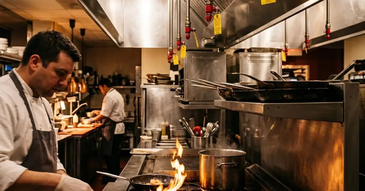 Fire suppression system above commercial kitchen cooking line | FindHoodCleaner.com