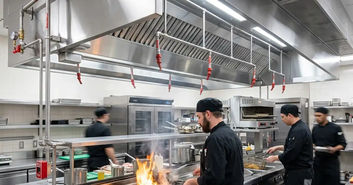 Modern UL-300 fire suppression system in commercial kitchen | FindHoodCleaner.com