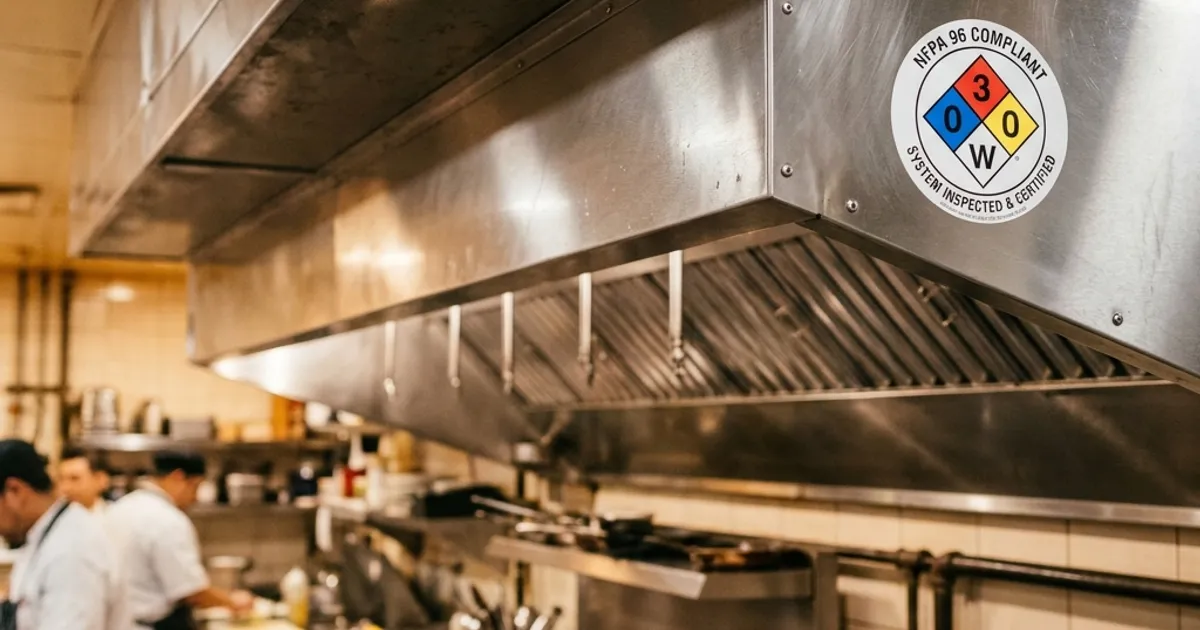 Commercial kitchen exhaust hood with NFPA 96 compliance sticker | FindHoodCleaner.com