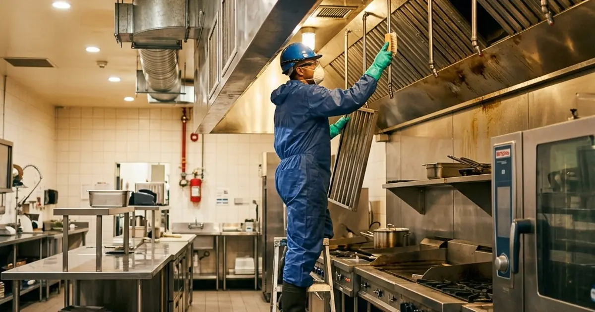 Professional technician cleaning a commercial kitchen exhaust hood